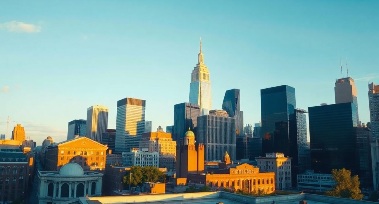 US city skyline at sunset representing broad economic growth
