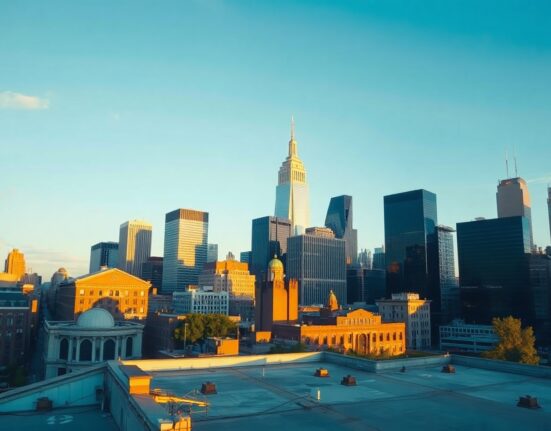 US city skyline at sunset representing broad economic growth