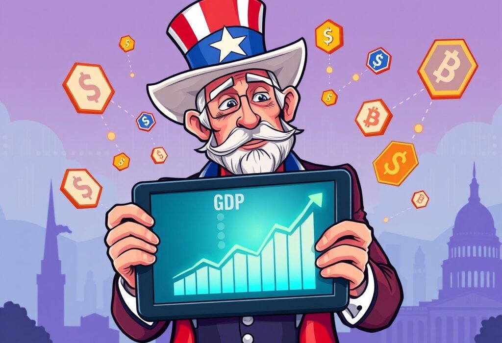 Cartoon illustration of Uncle Sam overseeing secure US GDP on blockchain data on a tablet, symbolizing a transparent economic future.