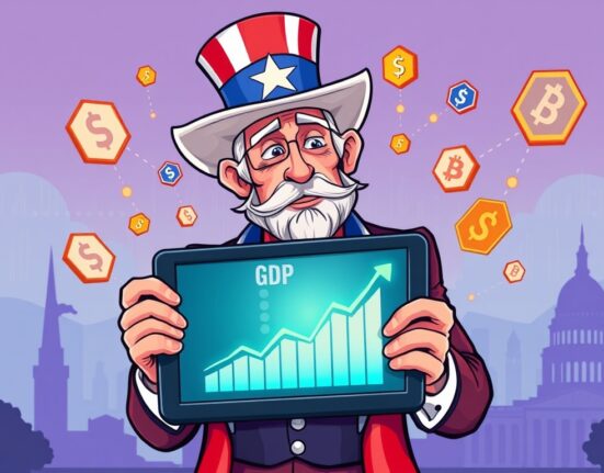 Cartoon illustration of Uncle Sam overseeing secure US GDP on blockchain data on a tablet, symbolizing a transparent economic future.