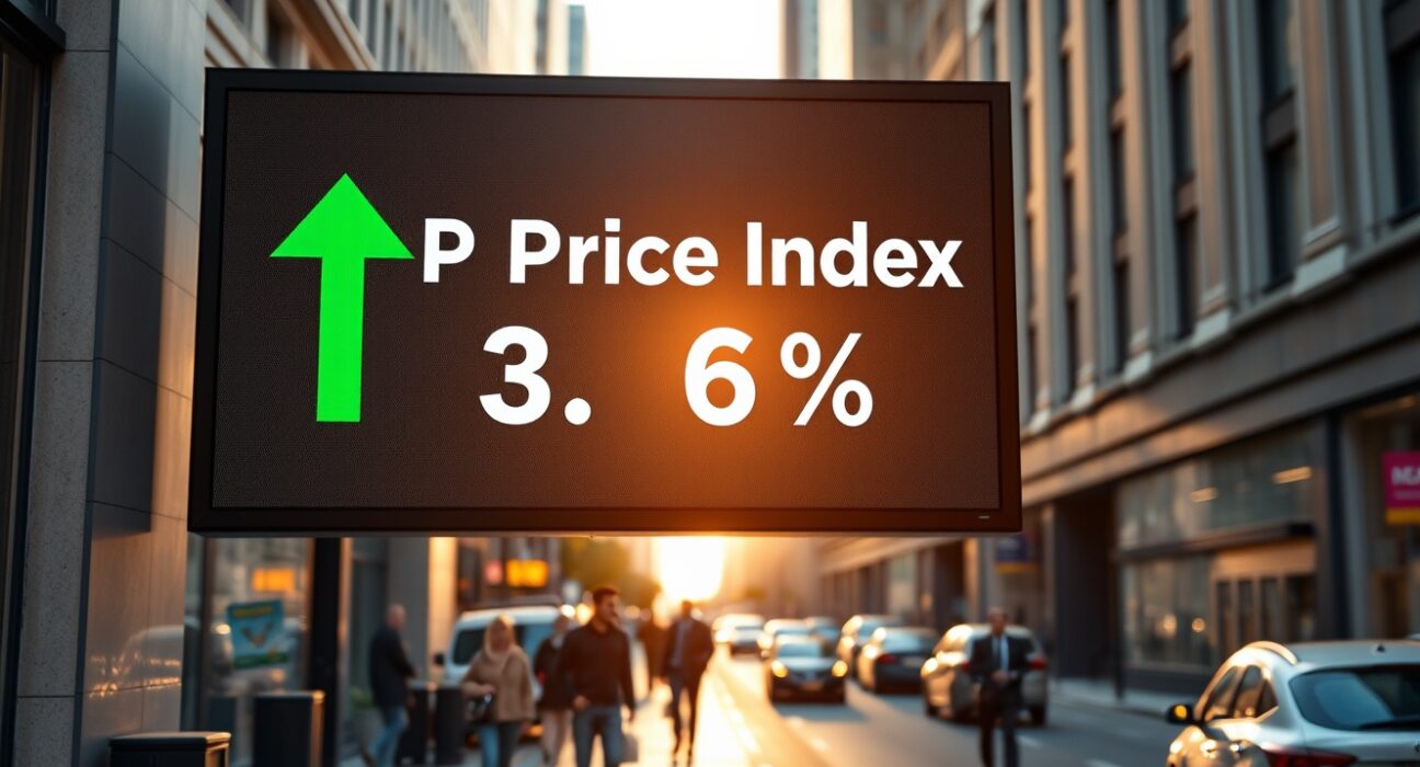 Digital display showing US GDP price index at 3.6% with an upward arrow