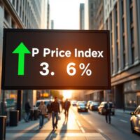 Digital display showing US GDP price index at 3.6% with an upward arrow