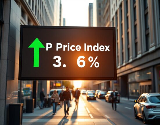 Digital display showing US GDP price index at 3.6% with an upward arrow
