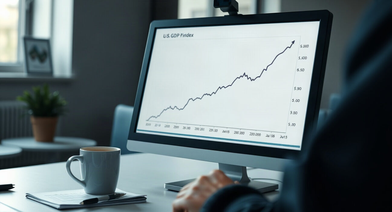 Analyst reviewing GDP price index chart on computer monitor in office