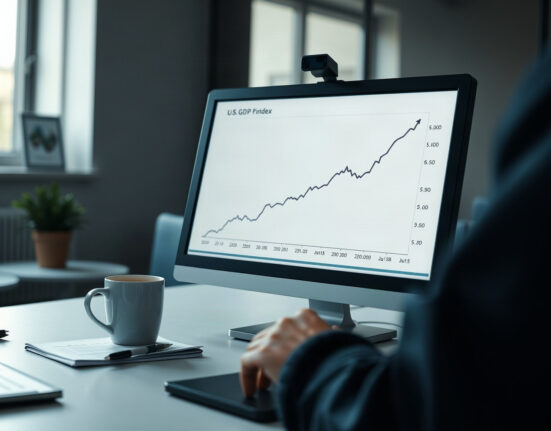 Analyst reviewing GDP price index chart on computer monitor in office