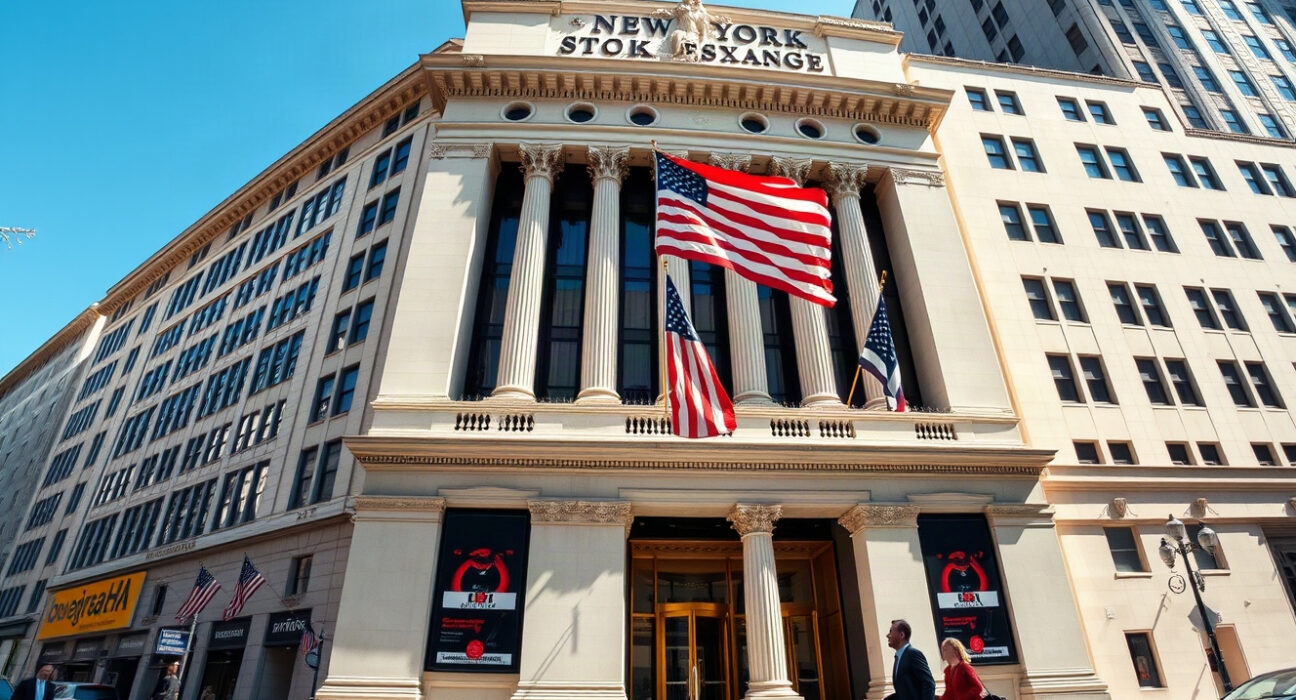 New York Stock Exchange building on a clear day, symbolizing US economic data release