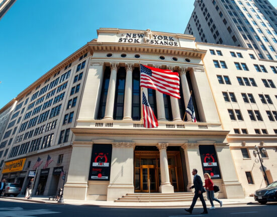 New York Stock Exchange building on a clear day, symbolizing US economic data release