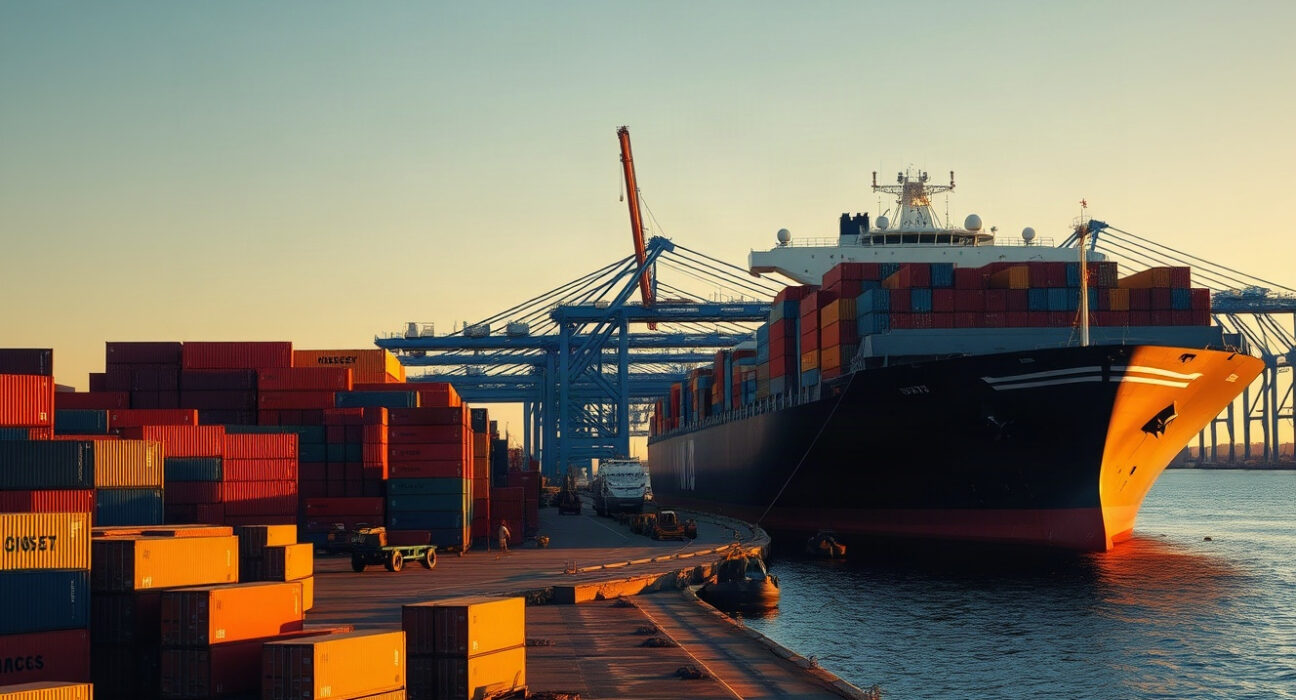 Container ship and cranes at a busy U.S. port, representing goods trade activity.