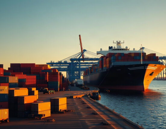 Container ship and cranes at a busy U.S. port, representing goods trade activity.