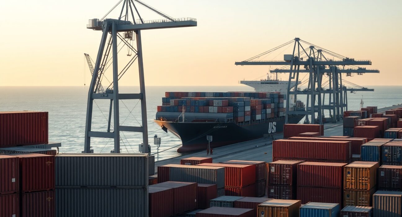Busy commercial shipping port with cargo containers and ship at sunrise representing U.S. trade activity.