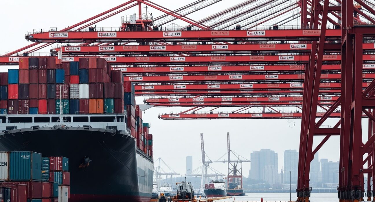 Cargo ship being unloaded at a busy US port, representing international trade and the widening goods trade deficit.