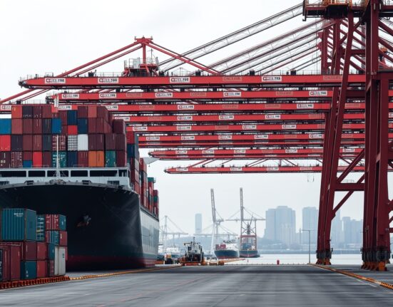 Cargo ship being unloaded at a busy US port, representing international trade and the widening goods trade deficit.