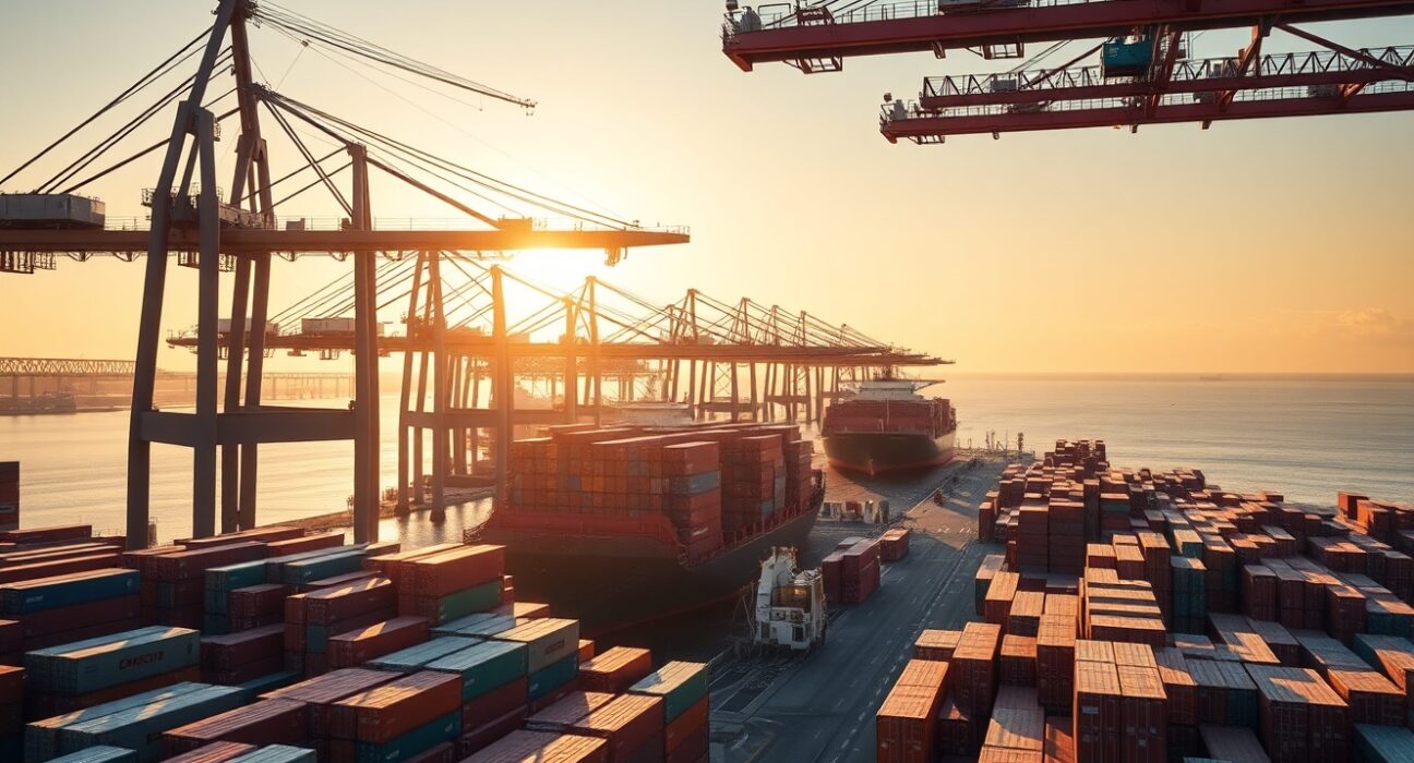 Busy container port with cargo ships and cranes at sunrise, representing US trade activity