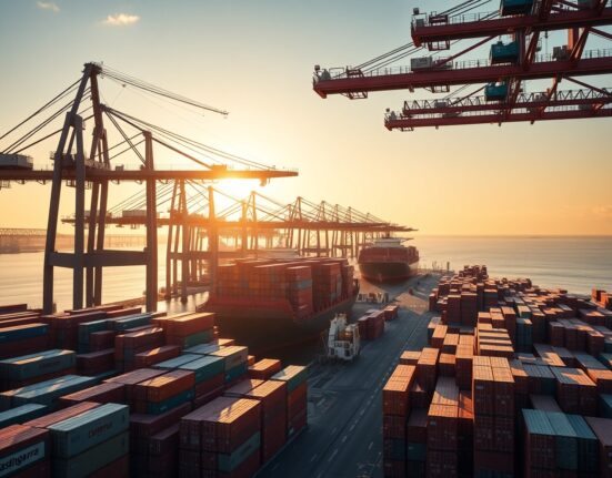 Busy container port with cargo ships and cranes at sunrise, representing US trade activity