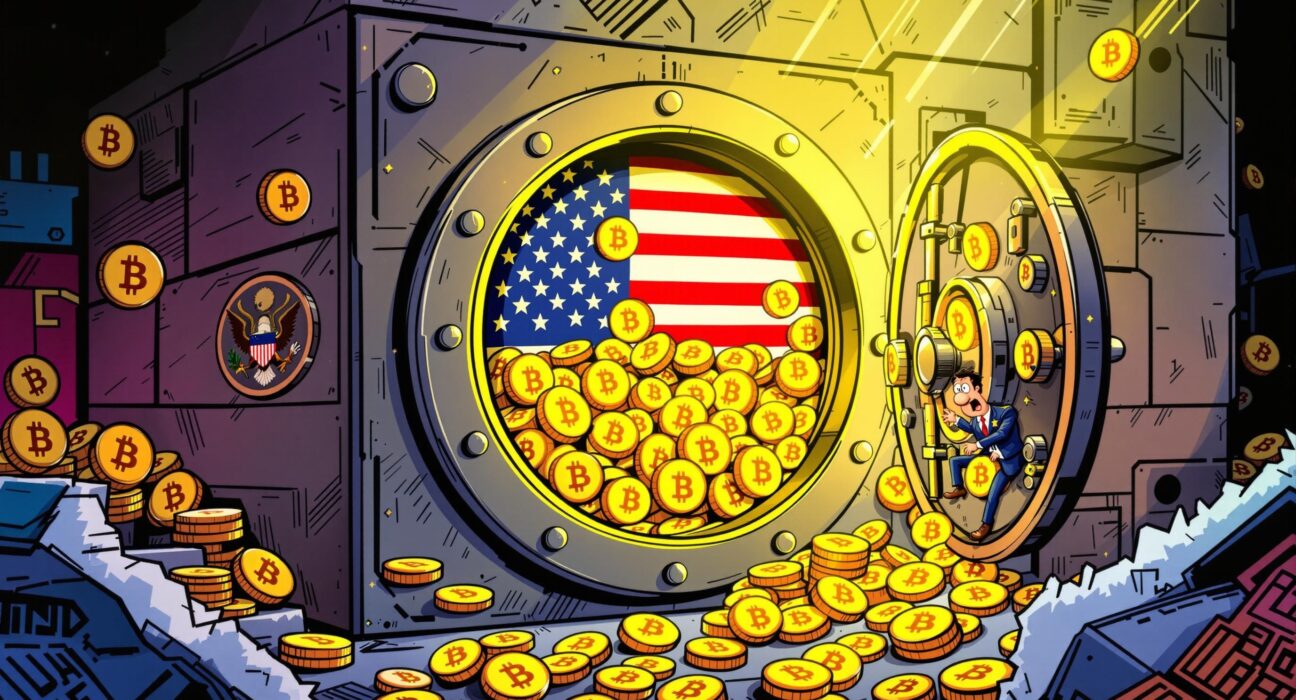 A secure vault representing the US government Bitcoin holdings, symbolizing its untouched status.