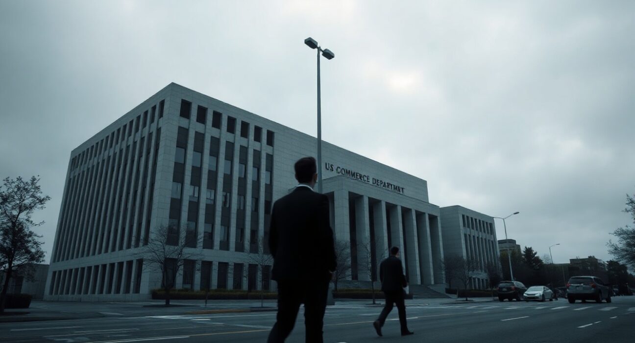 A somber, low-angle view of the US Commerce Department building on an overcast day, with a blurred figure in the foreground, symbolizing government pressure on AI companies.