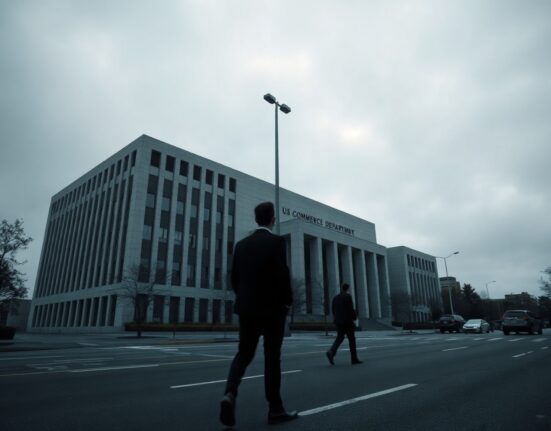 A somber, low-angle view of the US Commerce Department building on an overcast day, with a blurred figure in the foreground, symbolizing government pressure on AI companies.