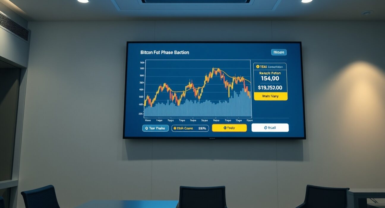 Institutional office with a large digital display showing a Bitcoin transaction confirmation and price chart