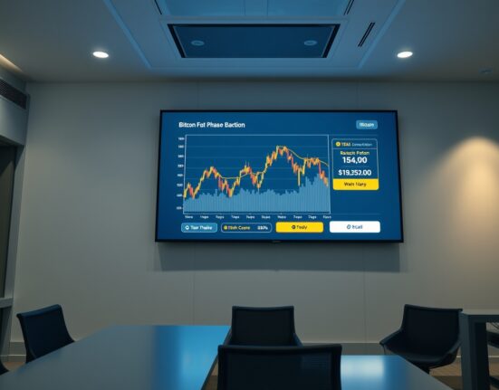 Institutional office with a large digital display showing a Bitcoin transaction confirmation and price chart