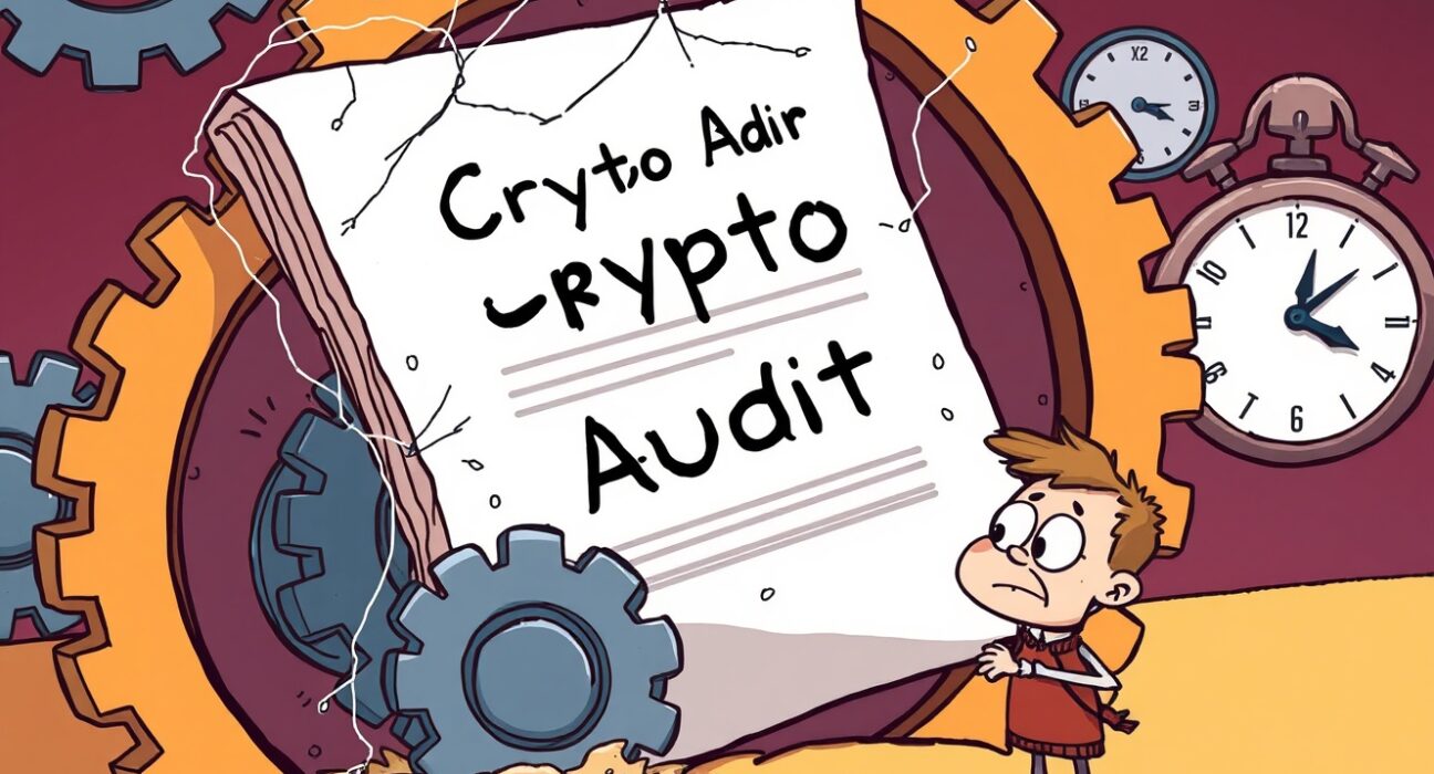 A cartoon illustration showing a US government crypto audit document stuck in bureaucratic gears, symbolizing its prolonged delay.