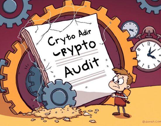 A cartoon illustration showing a US government crypto audit document stuck in bureaucratic gears, symbolizing its prolonged delay.