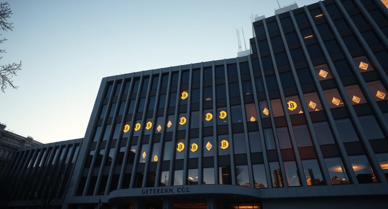 US government building with digital Bitcoin and Ethereum symbols in windows representing crypto transactions