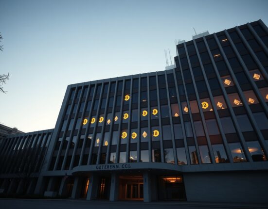 US government building with digital Bitcoin and Ethereum symbols in windows representing crypto transactions