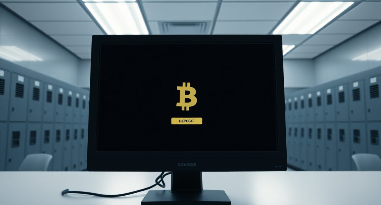Government evidence room with a computer monitor showing a crypto exchange deposit screen.
