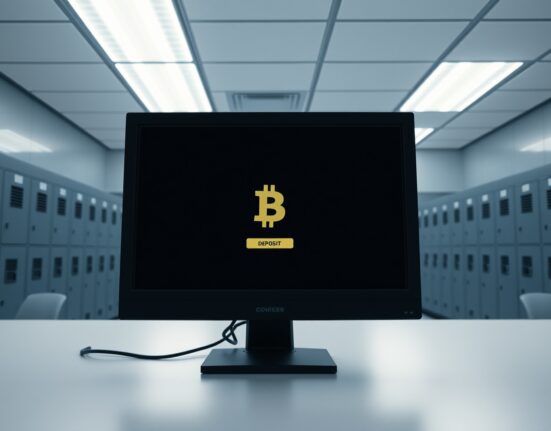 Government evidence room with a computer monitor showing a crypto exchange deposit screen.