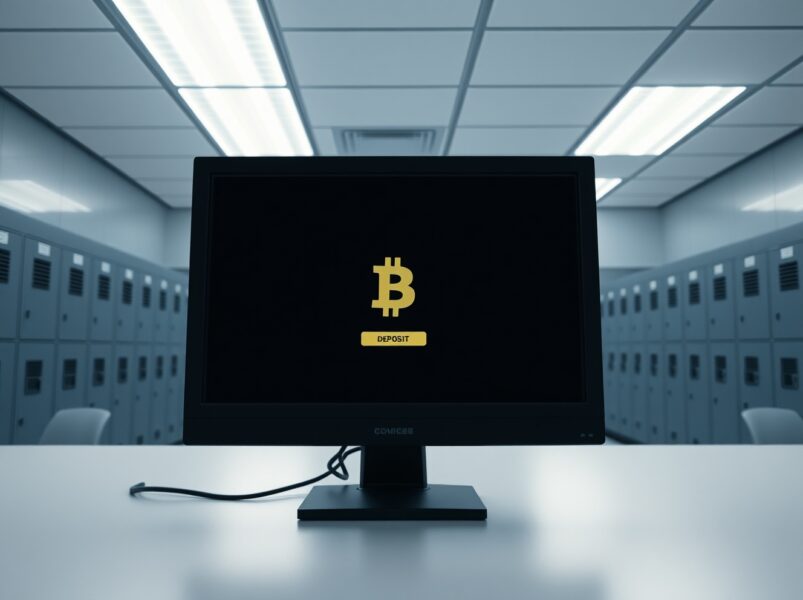 Government evidence room with a computer monitor showing a crypto exchange deposit screen.