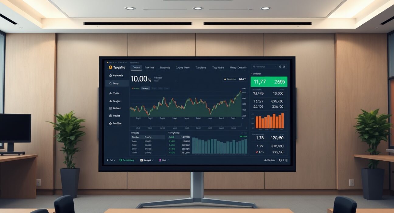 Digital screen showing cryptocurrency portfolio dashboard in a government office setting.