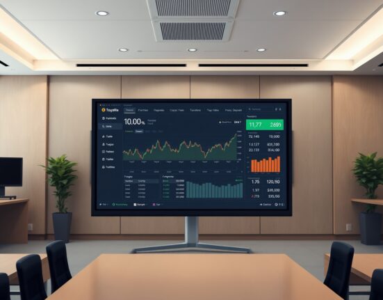 Digital screen showing cryptocurrency portfolio dashboard in a government office setting.