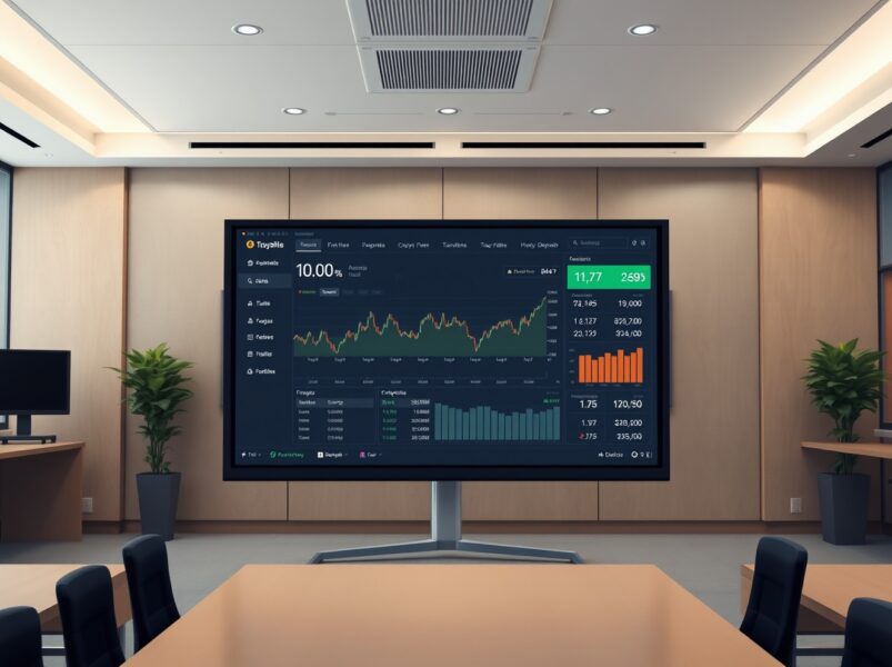Digital screen showing cryptocurrency portfolio dashboard in a government office setting.