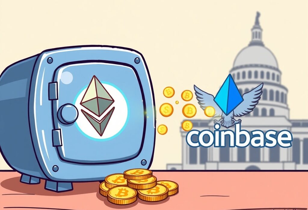 Cartoon illustration of US government ETH being transferred from Coinbase, symbolizing a significant asset recovery.