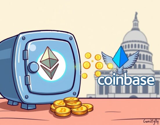 Cartoon illustration of US government ETH being transferred from Coinbase, symbolizing a significant asset recovery.
