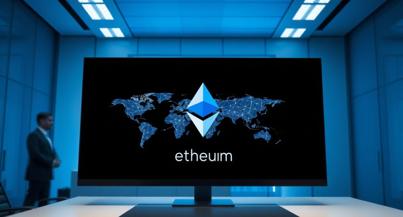 Digital screen showing Ethereum logo and blockchain network map in a government facility.