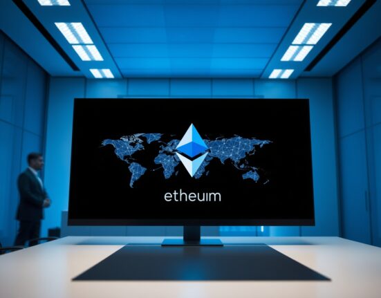 Digital screen showing Ethereum logo and blockchain network map in a government facility.