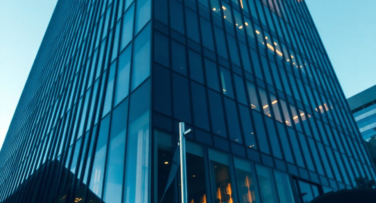 Modern financial building facade with digital data reflections symbolizing institutional crypto asset transfer