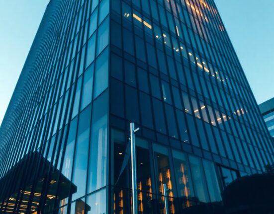 Modern financial building facade with digital data reflections symbolizing institutional crypto asset transfer