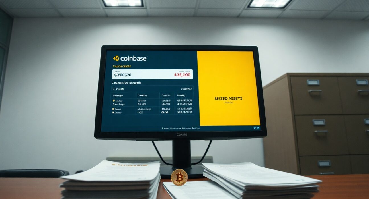 Government office desk with computer showing Coinbase deposit and seized asset documents