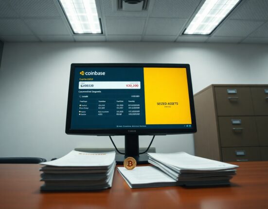 Government office desk with computer showing Coinbase deposit and seized asset documents