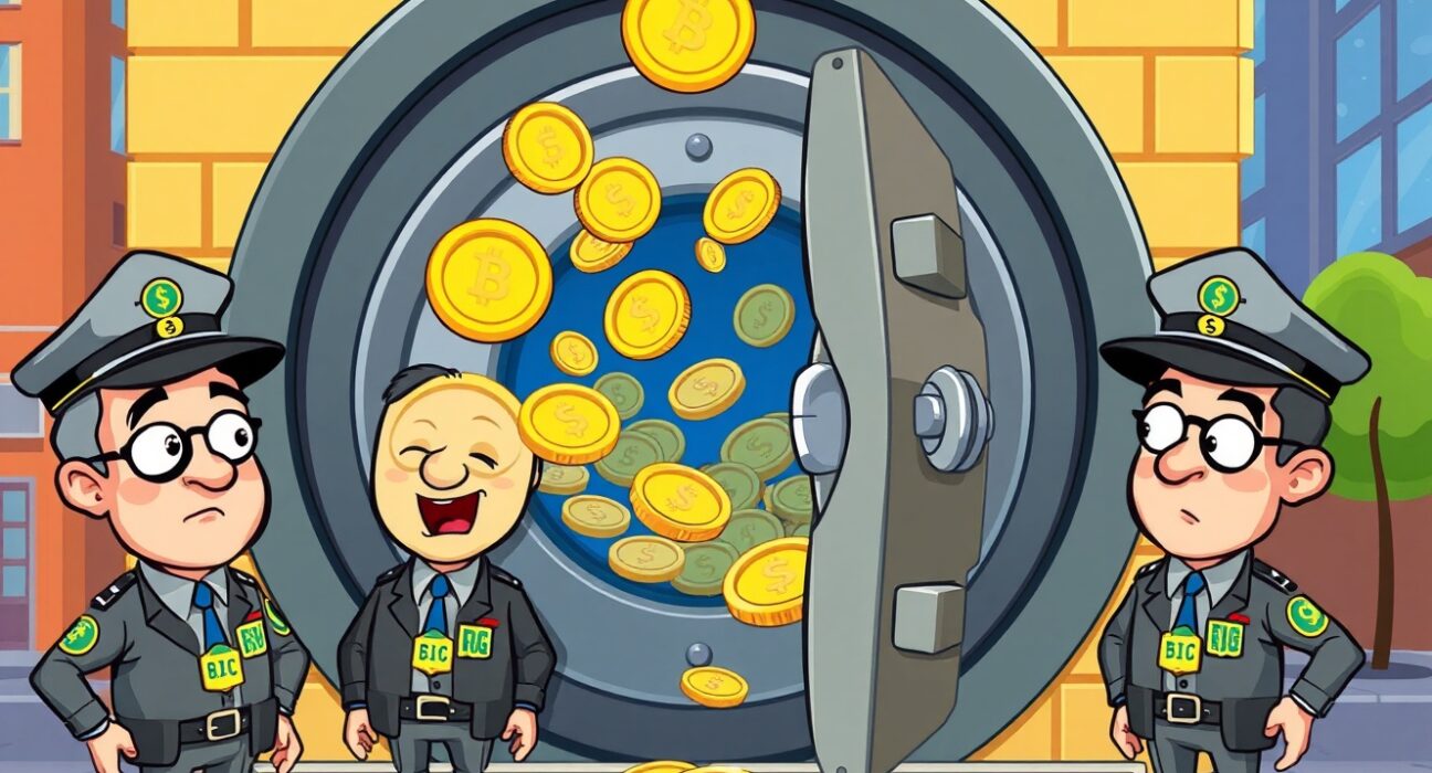 Cartoon illustration of seized FTX funds being transferred from a digital vault by government agents.