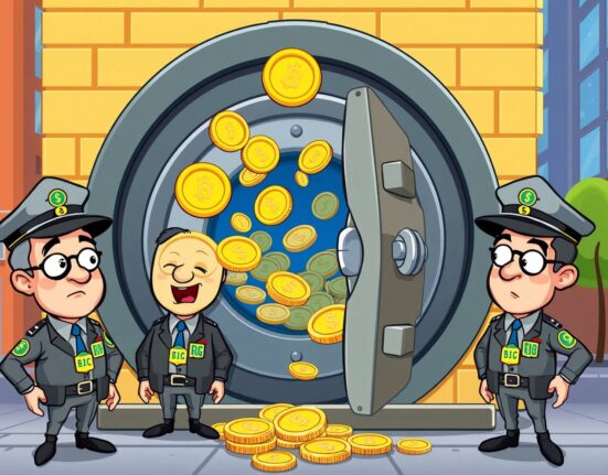 Cartoon illustration of seized FTX funds being transferred from a digital vault by government agents.