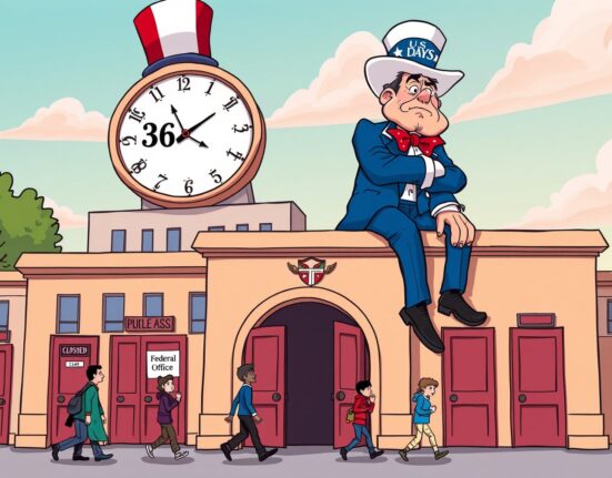 Cartoon illustration of a record-breaking US government shutdown impacting daily life and federal operations.