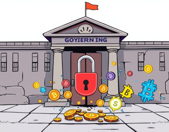 Cartoon illustration showing the US government suppressing the vibrant crypto industry with banking restrictions.