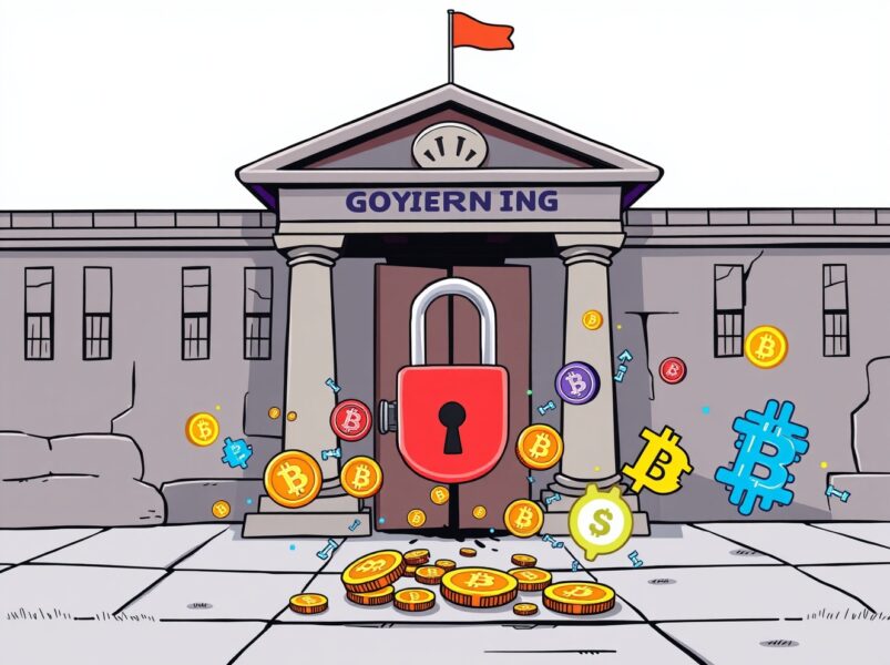 Cartoon illustration showing the US government suppressing the vibrant crypto industry with banking restrictions.