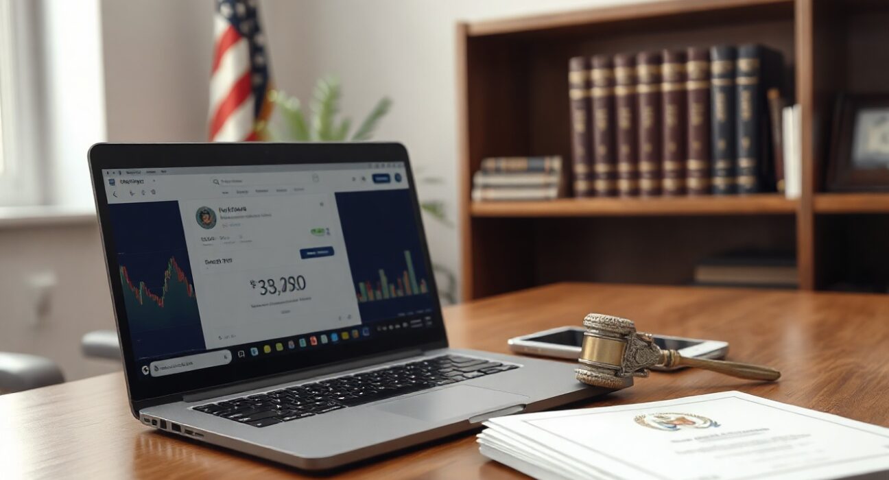 US government official desk with laptop showing crypto transfer and DOJ documents