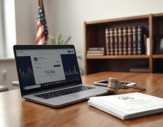 US government official desk with laptop showing crypto transfer and DOJ documents