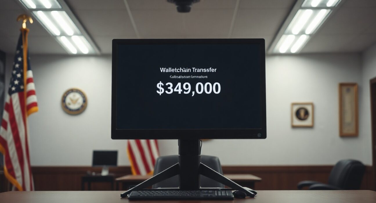 Government official monitors blockchain transfer of seized FTX and Alameda crypto assets on a computer screen.
