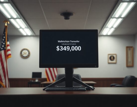 Government official monitors blockchain transfer of seized FTX and Alameda crypto assets on a computer screen.